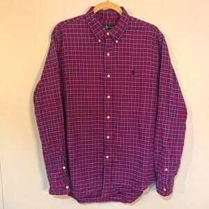 Ralph Lauren Red & Blue Plaid Cotton Button Down Mens Shirt Size Large